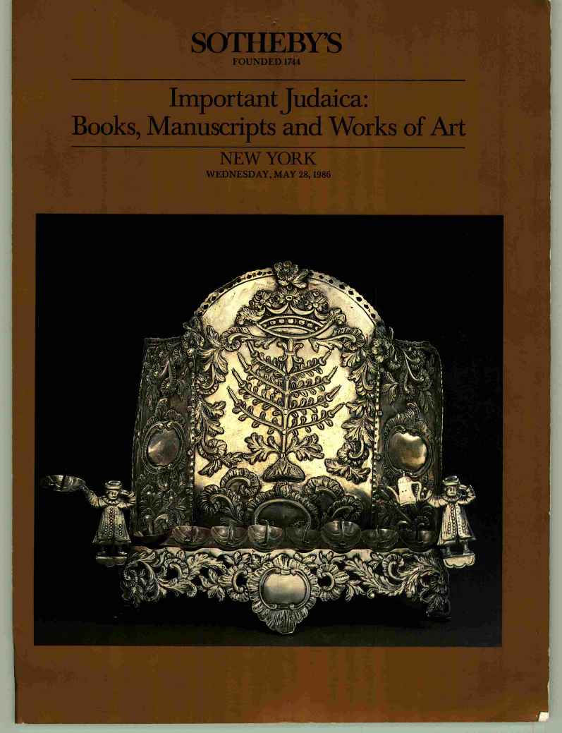 Sothebys May 1986 Important Judaica: Books, Manuscripts Works of (Digital Only)